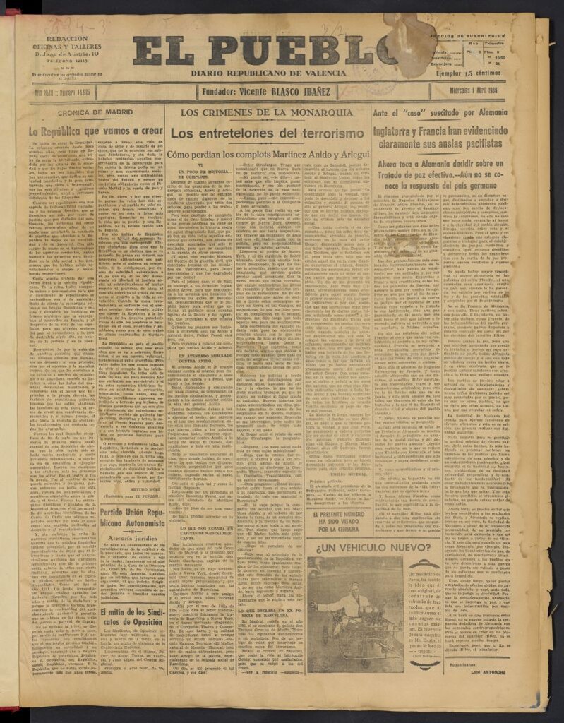 Miniatura de El Pueblo : Diario republicano de Valencia del 1 de abril de 1936, nº 14.926
