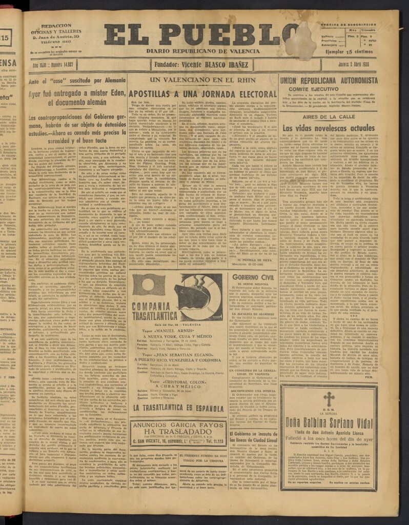 Miniatura de El Pueblo : Diario republicano de Valencia del 2 de abril de 1936, nº 14.927