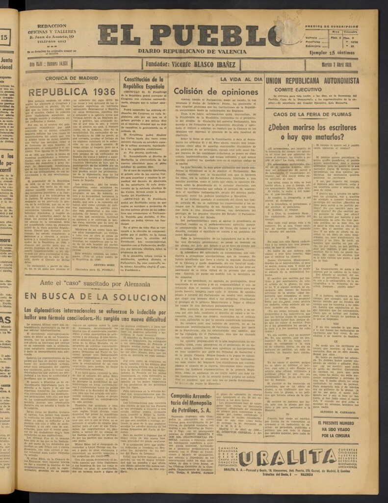 Miniatura de El Pueblo : Diario republicano de Valencia del 7 de abril de 1936, nº 14.931