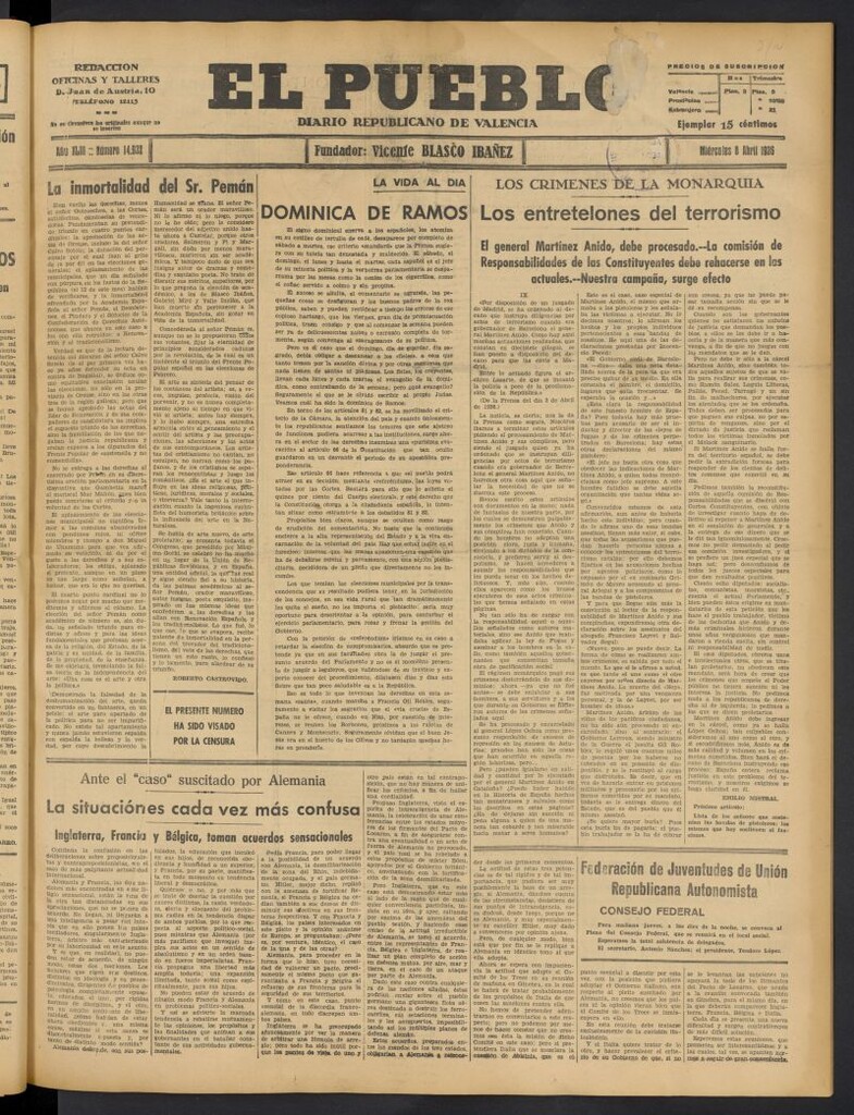 Miniatura de El Pueblo : Diario republicano de Valencia del 8 de abril de 1936, nº 14.932