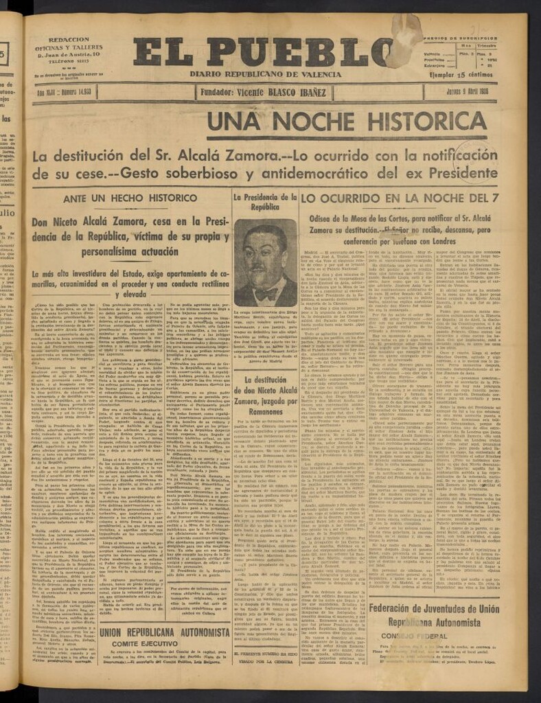 Miniatura de El Pueblo : Diario republicano de Valencia del 9 de abril de 1936, nº 14.933