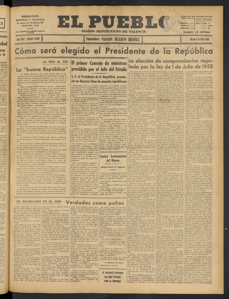 Miniatura de El Pueblo : Diario republicano de Valencia del 10 de abril de 1936, nº 14.934