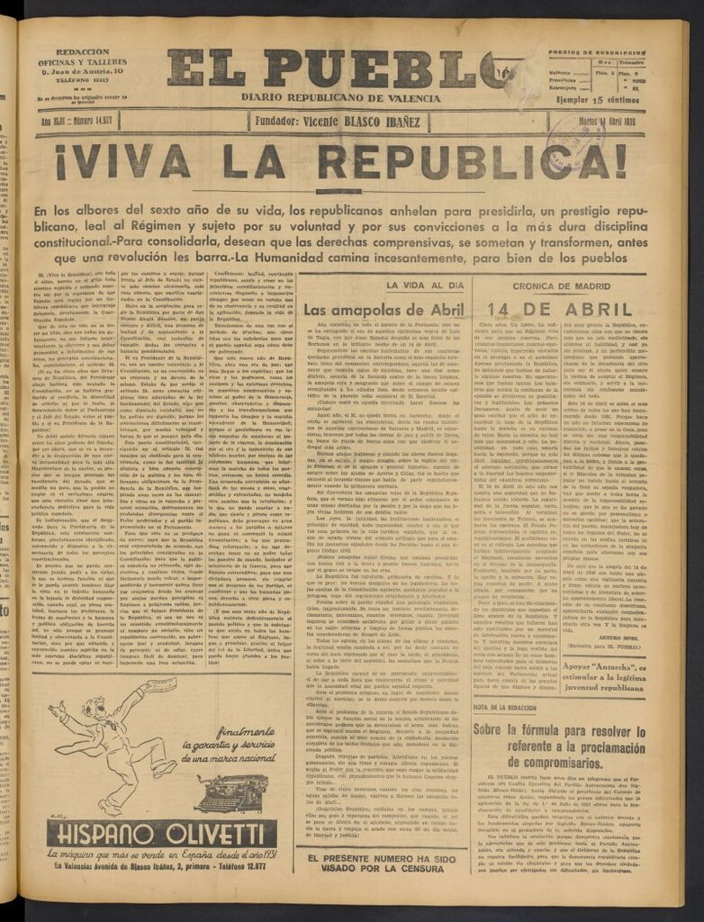 Miniatura de El Pueblo : Diario republicano de Valencia del 14 de abril de 1936, nº 14.937