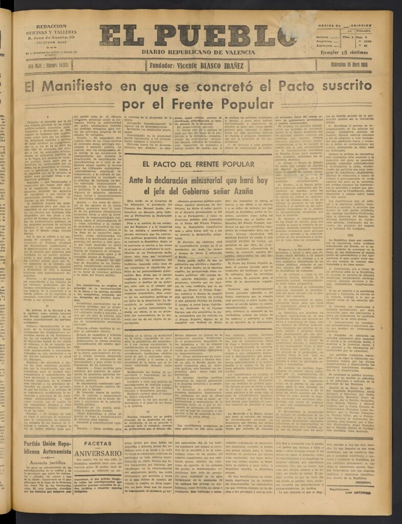 Miniatura de El Pueblo : Diario republicano de Valencia del 15 de abril de 1936, nº 14.938
