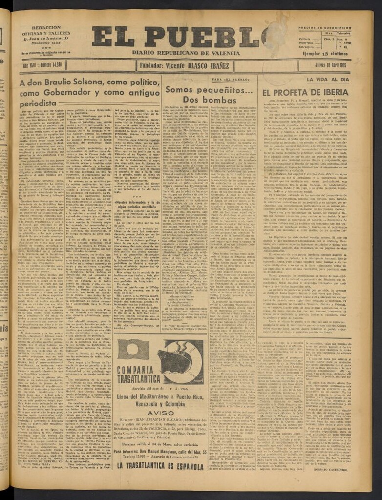 Miniatura de El Pueblo : Diario republicano de Valencia del 16 de abril de 1936, nº 14.939