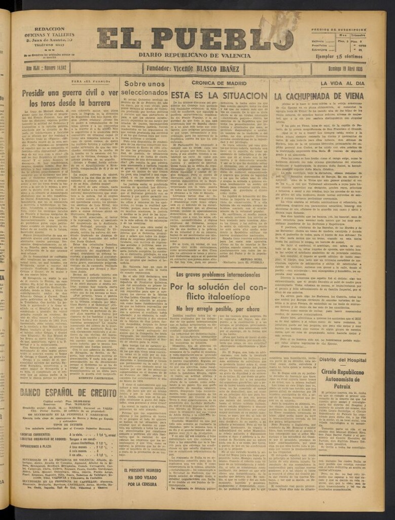 Miniatura de El Pueblo : Diario republicano de Valencia del 19 de abril de 1936, nº 14.942