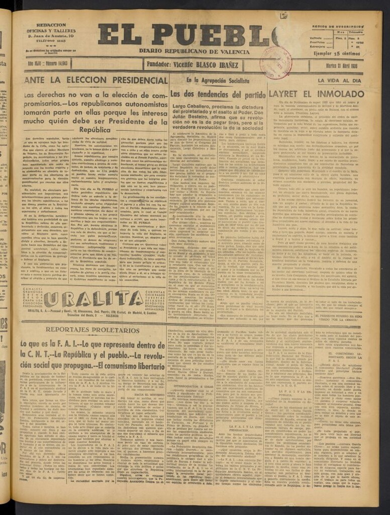 Miniatura de El Pueblo : Diario republicano de Valencia del 21 de abril de 1936, nº 14.943