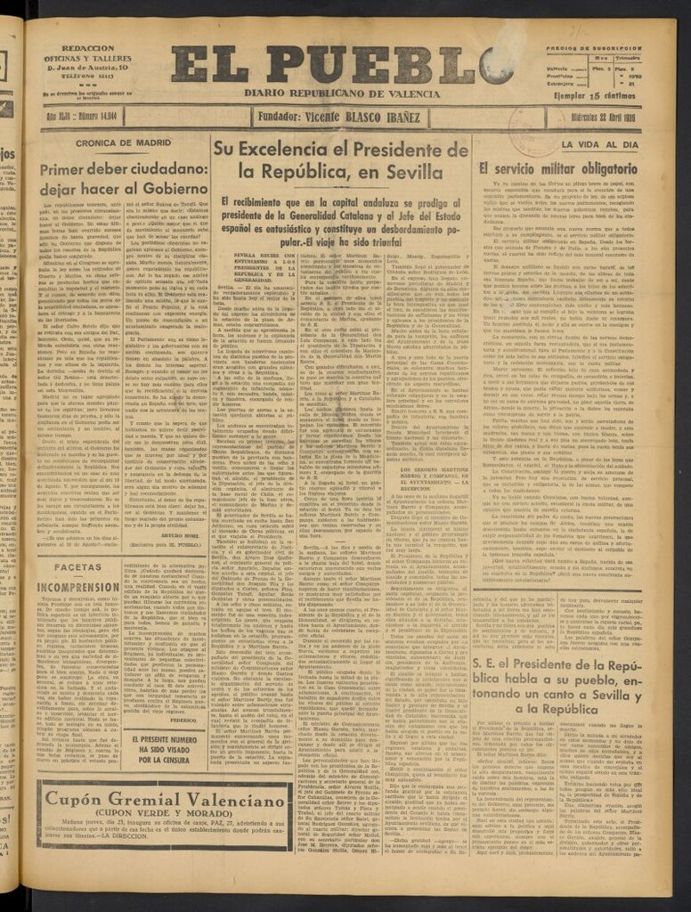 Miniatura de El Pueblo : Diario republicano de Valencia del 22 de abril de 1936, nº 14.944