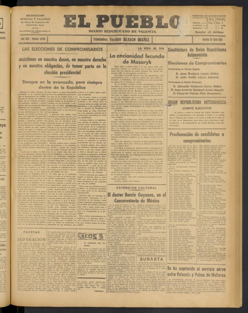 Miniatura de El Pueblo : Diario republicano de Valencia del 24 de abril de 1936, nº 14.946