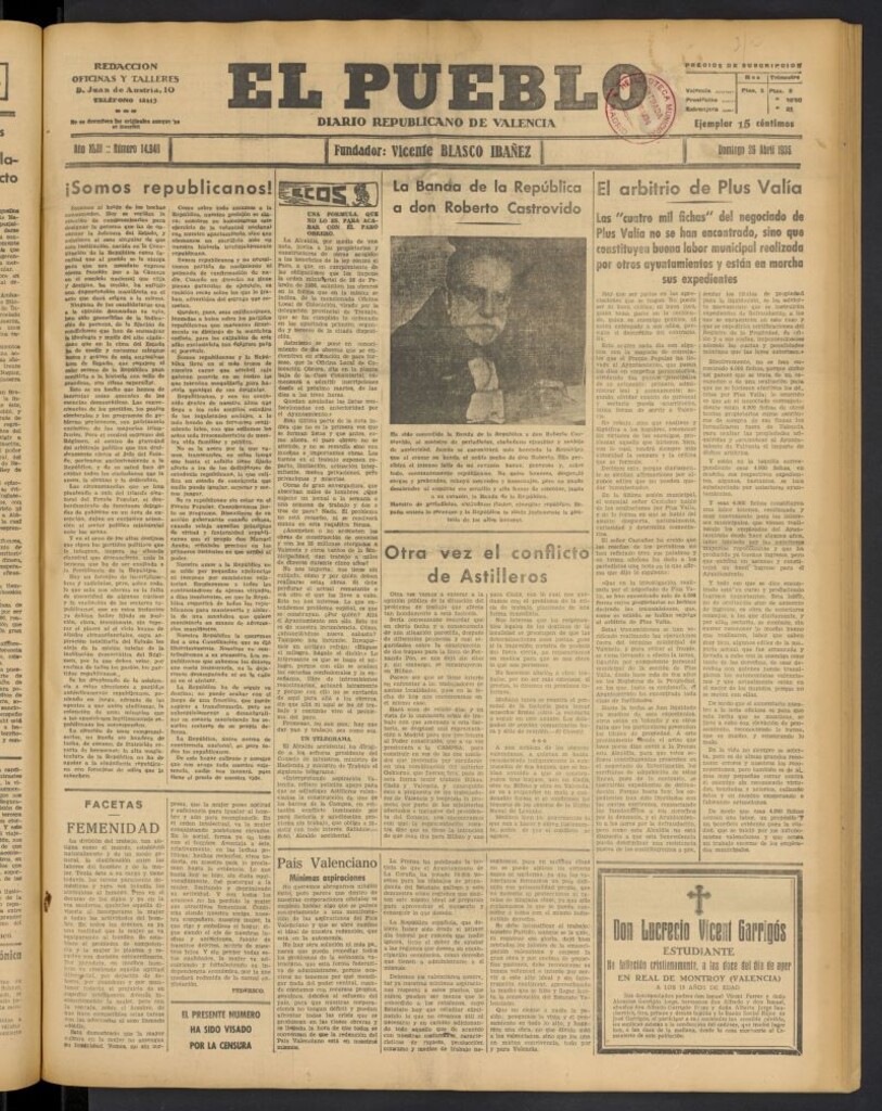 Miniatura de El Pueblo : Diario republicano de Valencia del 26 de abril de 1936, nº 14.948