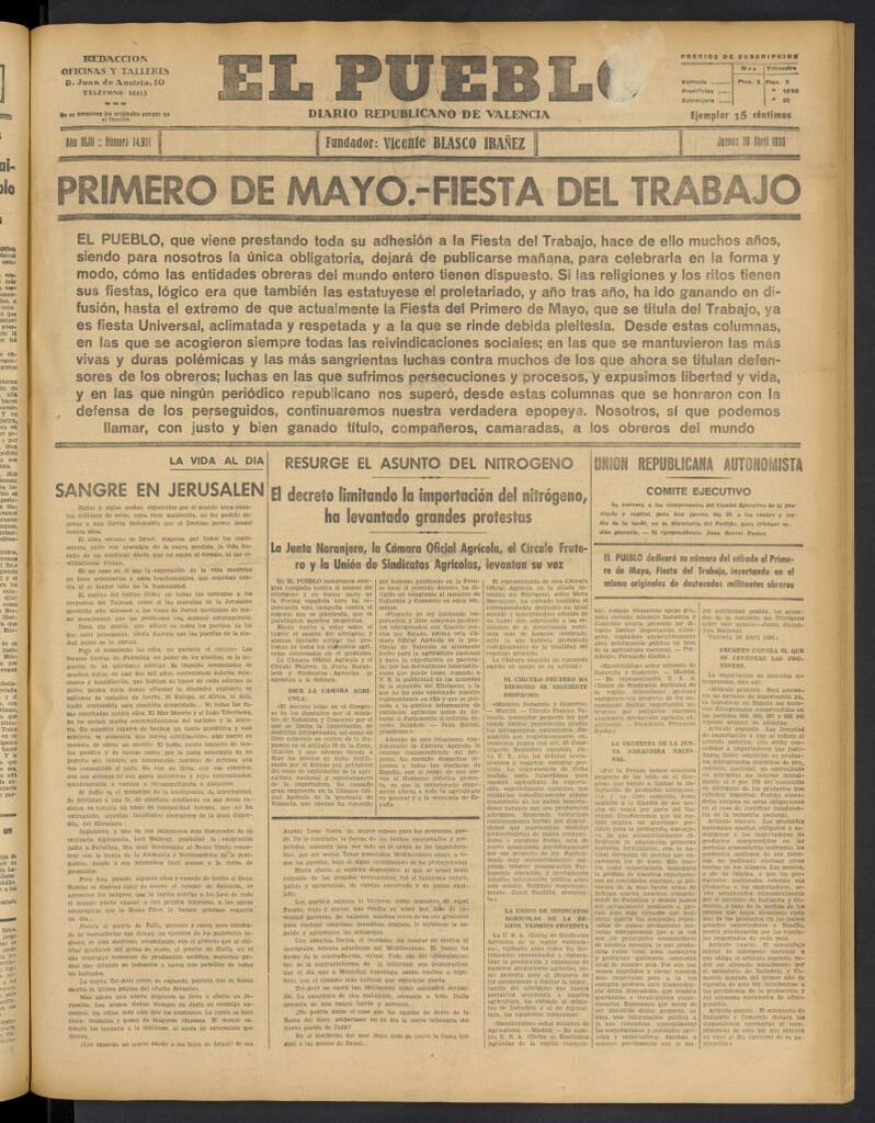 Miniatura de El Pueblo : Diario republicano de Valencia del 30 de abril de 1936, nº 14.951