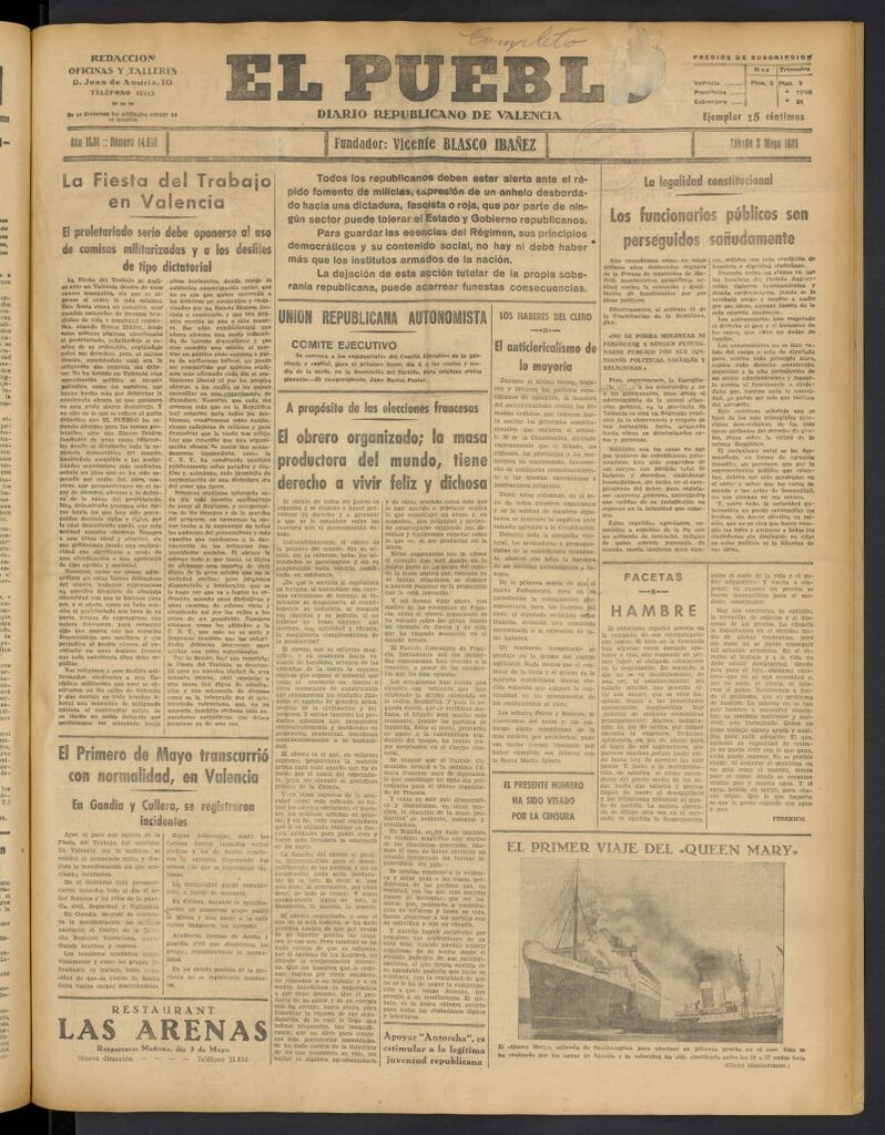 Miniatura de El Pueblo : Diario republicano de Valencia del 2 de mayo de 1936, nº 14.952
