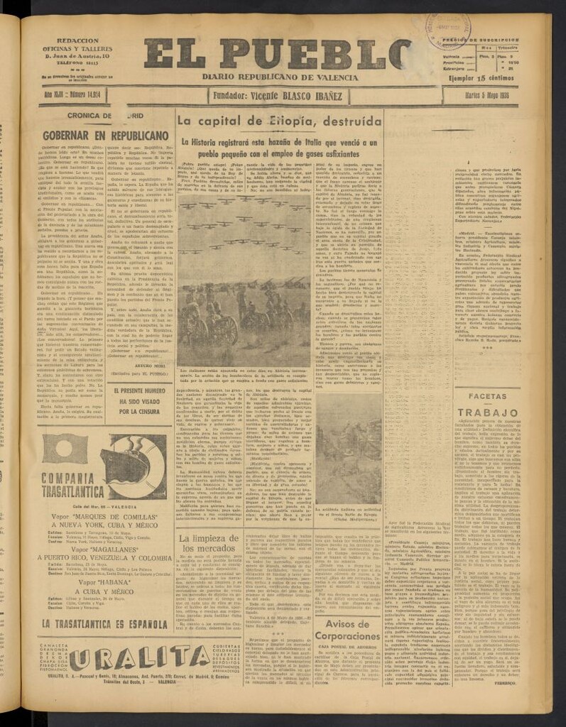 Miniatura de El Pueblo : Diario republicano de Valencia del 5 de mayo de 1936, nº 14.954