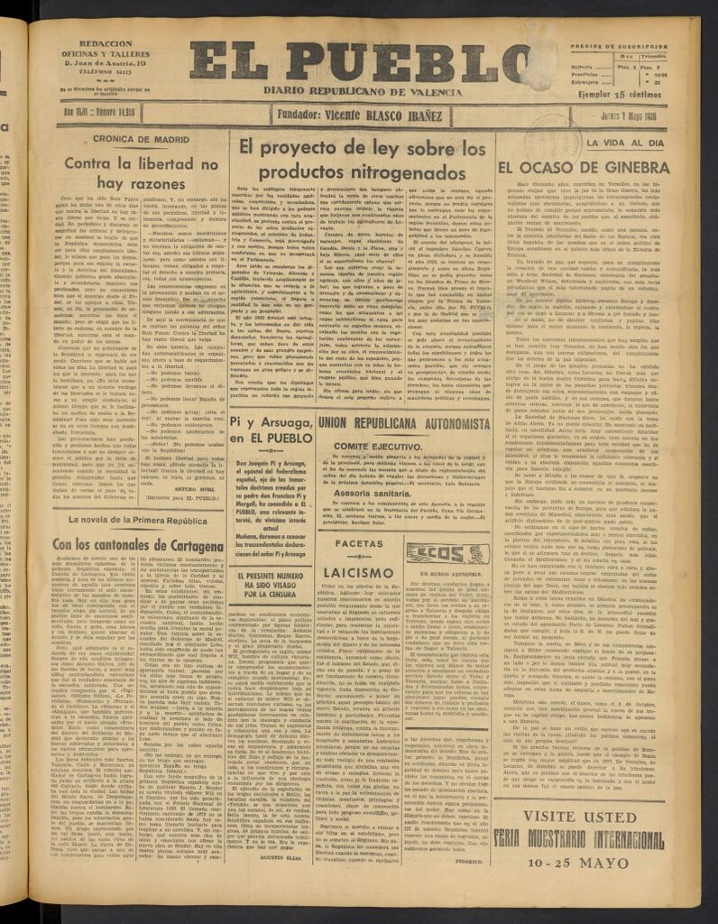 Miniatura de El Pueblo : Diario republicano de Valencia del 7 de mayo de 1936, nº 14.956