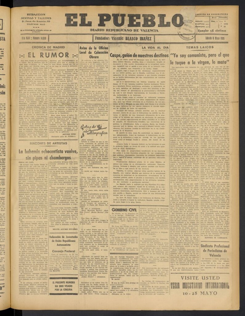 Miniatura de El Pueblo : Diario republicano de Valencia del 9 de mayo de 1936, nº 14.958