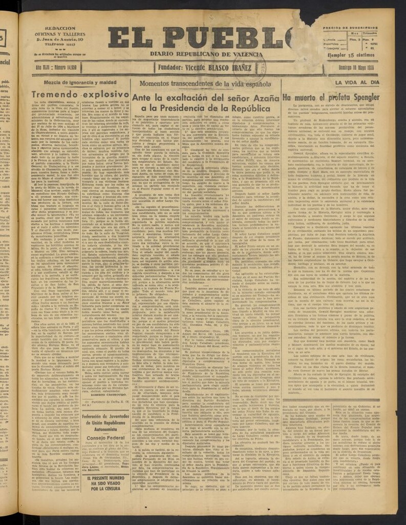 Miniatura de El Pueblo : Diario republicano de Valencia del 10 de mayo de 1936, nº 14.959