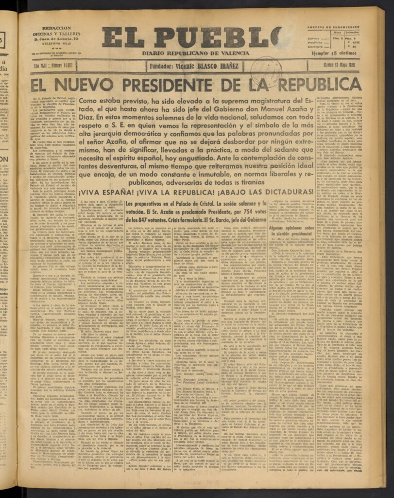 Miniatura de El Pueblo : Diario republicano de Valencia del 12 de mayo de 1936, nº 14.960