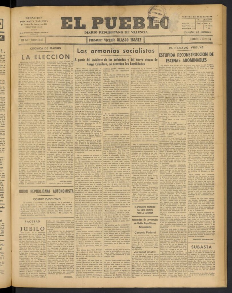 Miniatura de El Pueblo : Diario republicano de Valencia del 13 de mayo de 1936, nº 14.961
