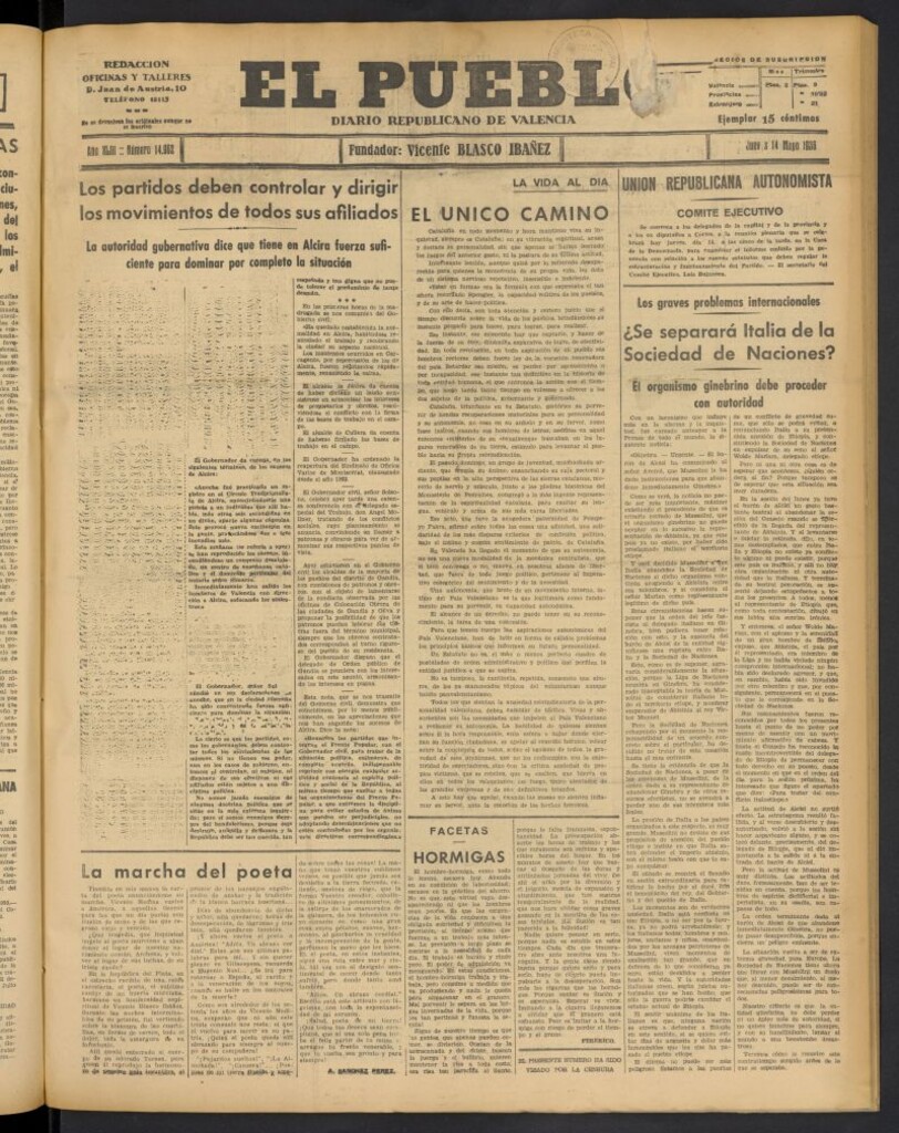 Miniatura de El Pueblo : Diario republicano de Valencia del 14 de mayo de 1936, nº 14.962