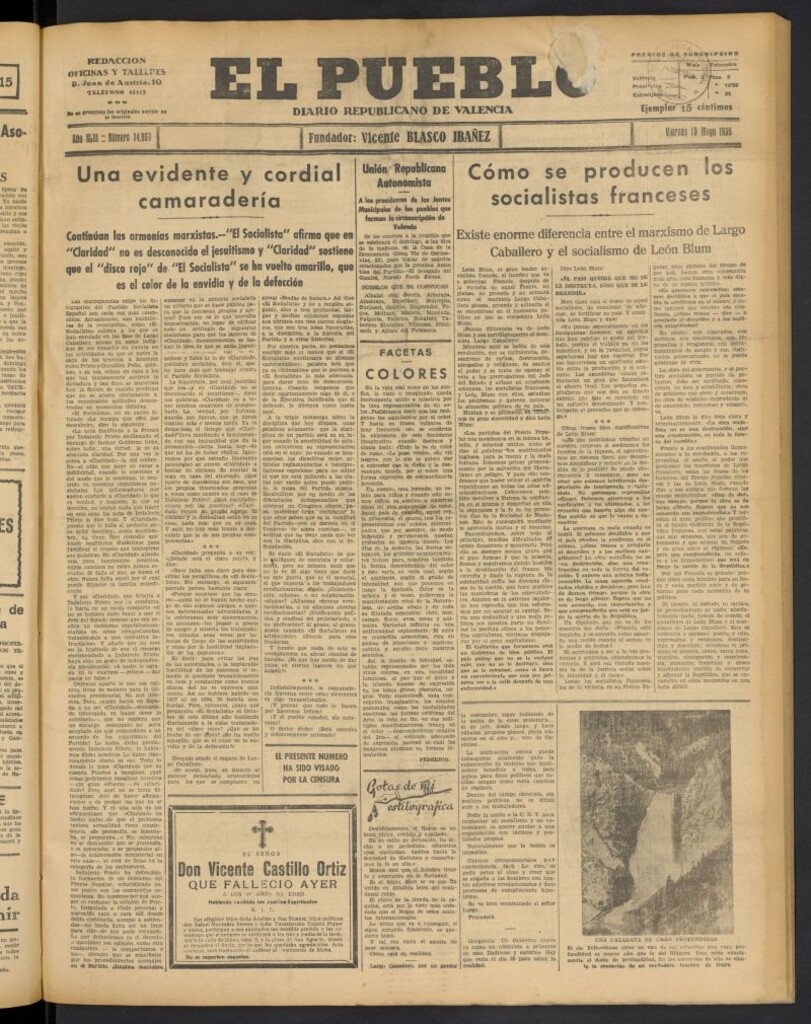 Miniatura de El Pueblo : Diario republicano de Valencia del 15 de mayo de 1936, nº 14.963