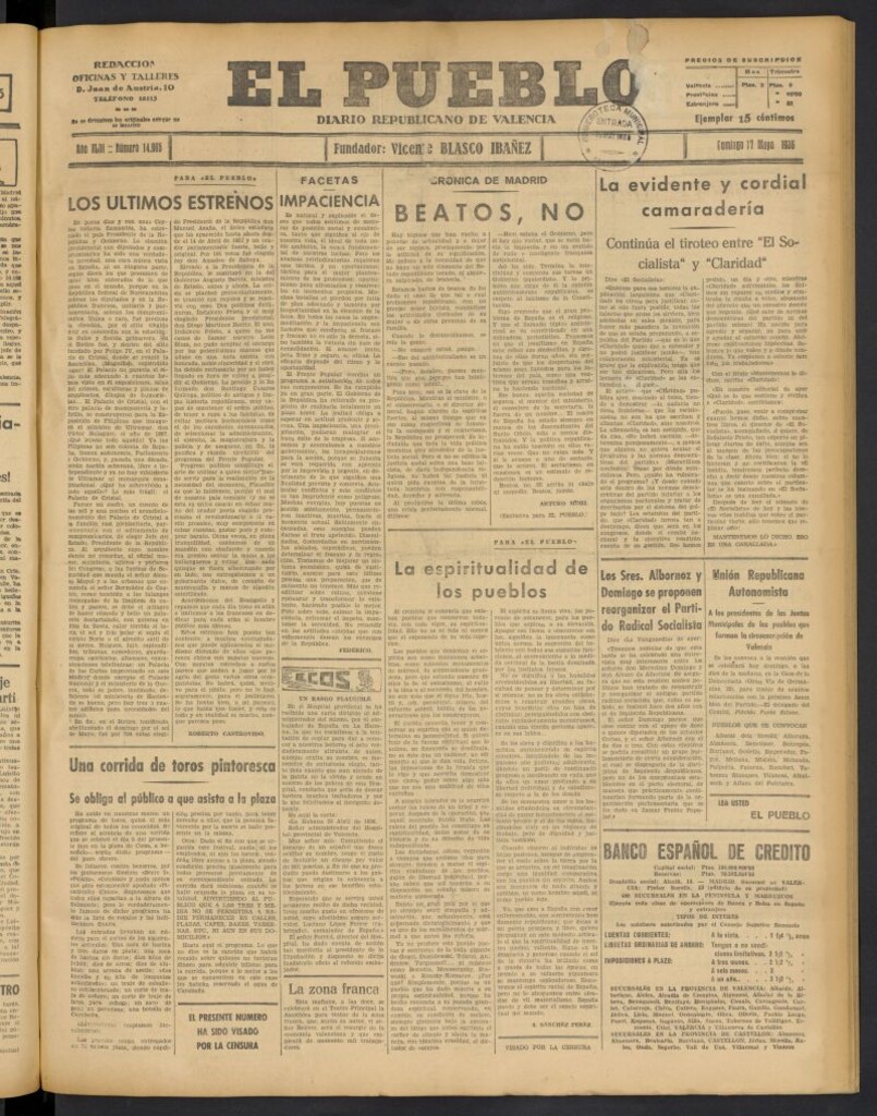 Miniatura de El Pueblo : Diario republicano de Valencia del 17 de mayo de 1936, nº 14.965