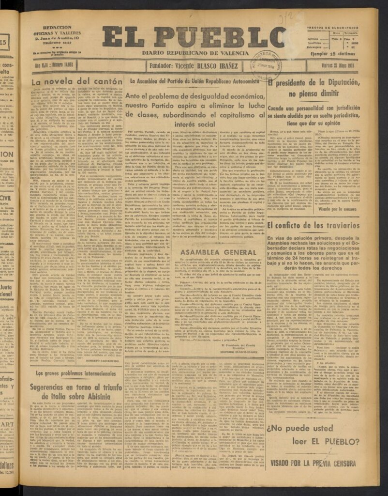 Miniatura de El Pueblo : Diario republicano de Valencia del 22 de mayo de 1936, nº 14.968 [sic]