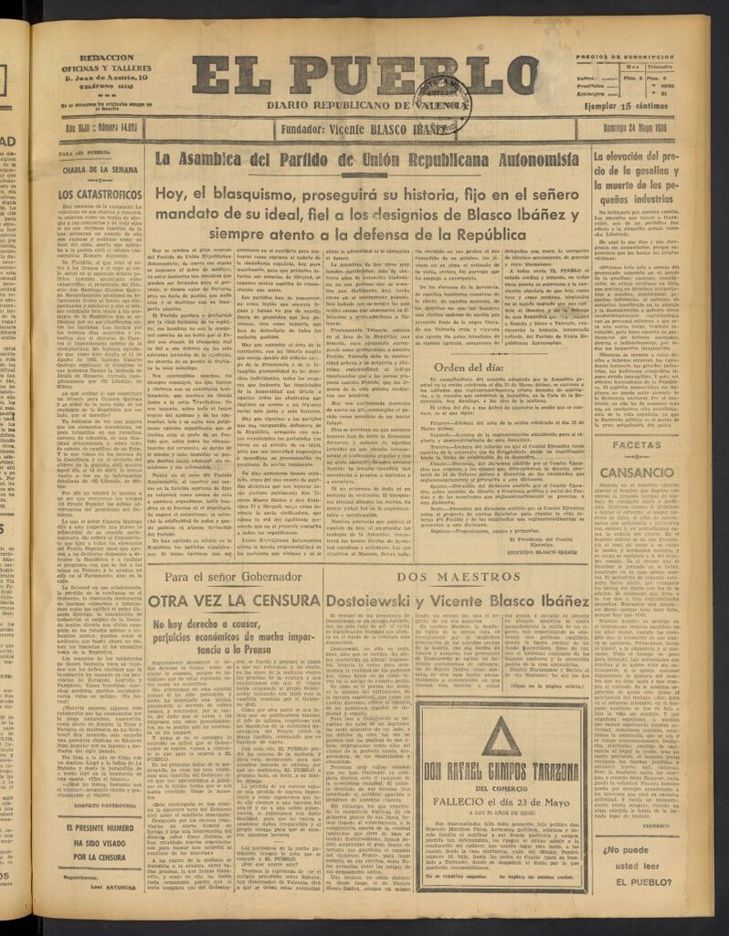 Miniatura de El Pueblo : Diario republicano de Valencia del 24 de mayo de 1936, nº 14.970