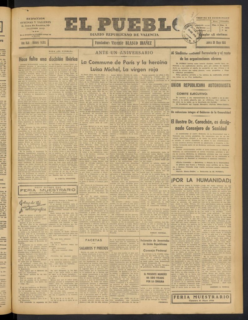 Miniatura de El Pueblo : Diario republicano de Valencia del 28 de mayo de 1936, nº 14.973