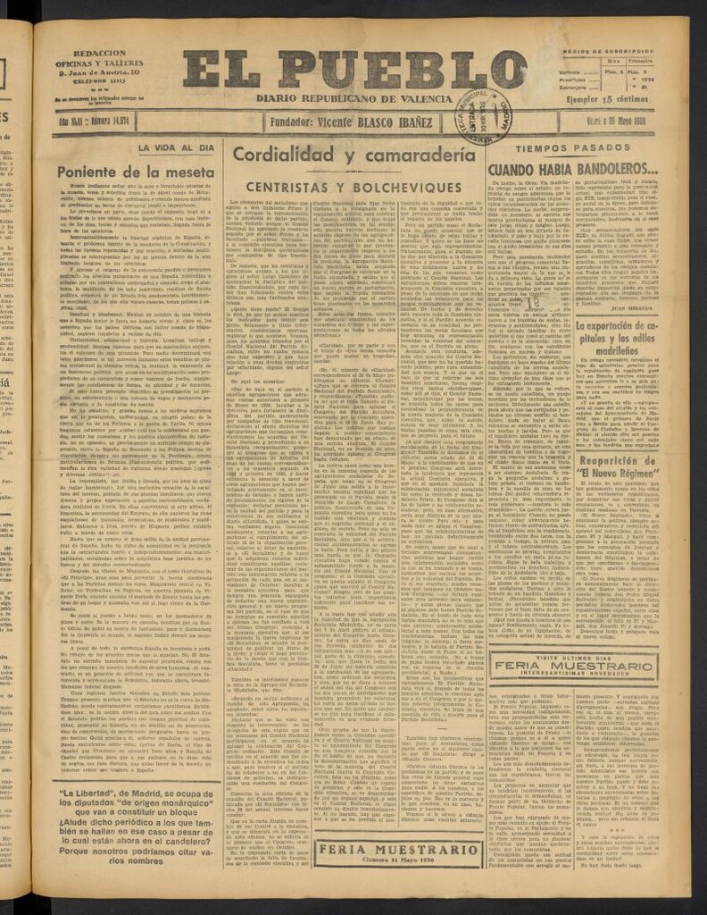 Miniatura de El Pueblo : Diario republicano de Valencia del 29 de mayo de 1936, nº 14.974