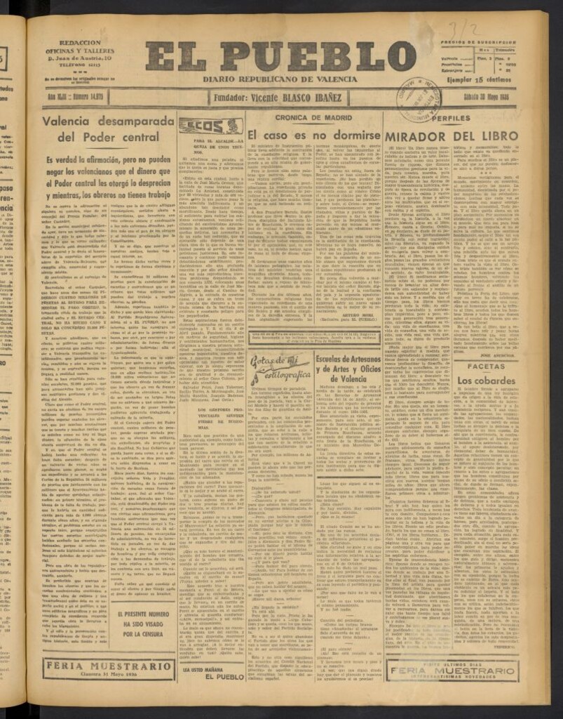 Miniatura de El Pueblo : Diario republicano de Valencia del 30 de mayo de 1936, nº 14.975