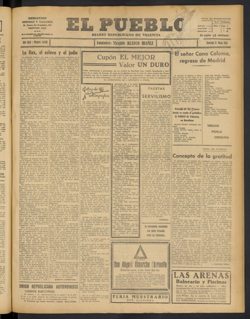 Miniatura de El Pueblo : Diario republicano de Valencia del 31 de mayo de 1936, nº 14.976