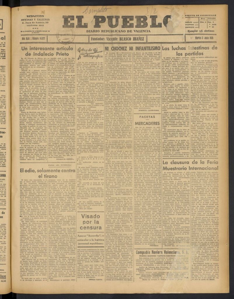 Miniatura de El Pueblo : Diario republicano de Valencia del 2 de junio de 1936, nº 14.977