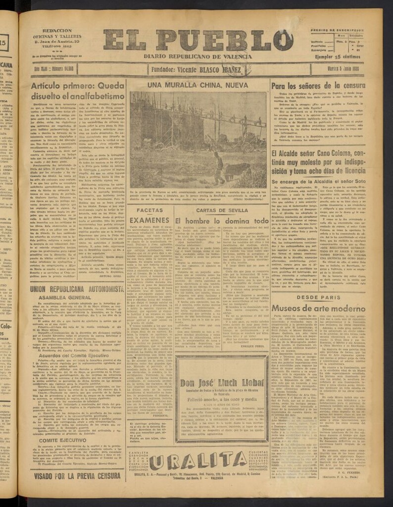 Miniatura de El Pueblo : Diario republicano de Valencia del 5 de junio de 1936, nº 14.980