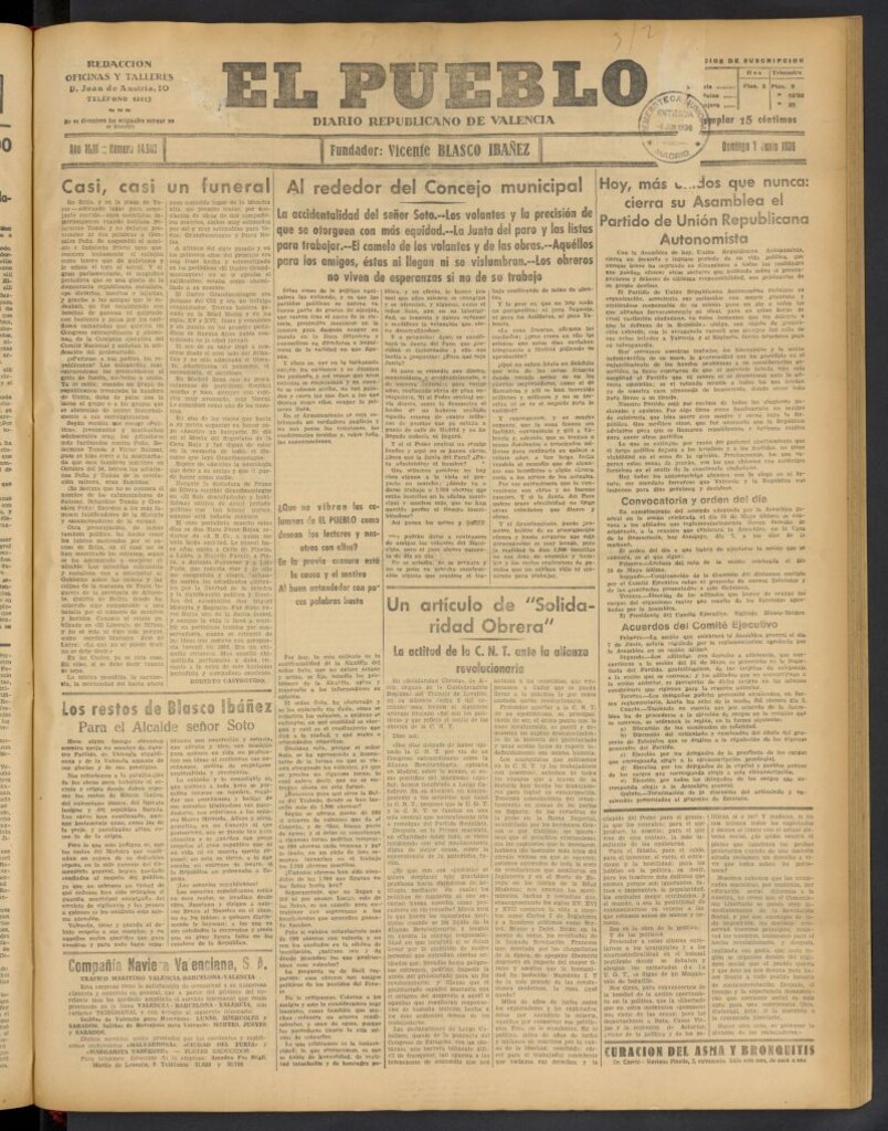 Miniatura de El Pueblo : Diario republicano de Valencia del 7 de junio de 1936, nº 14.982