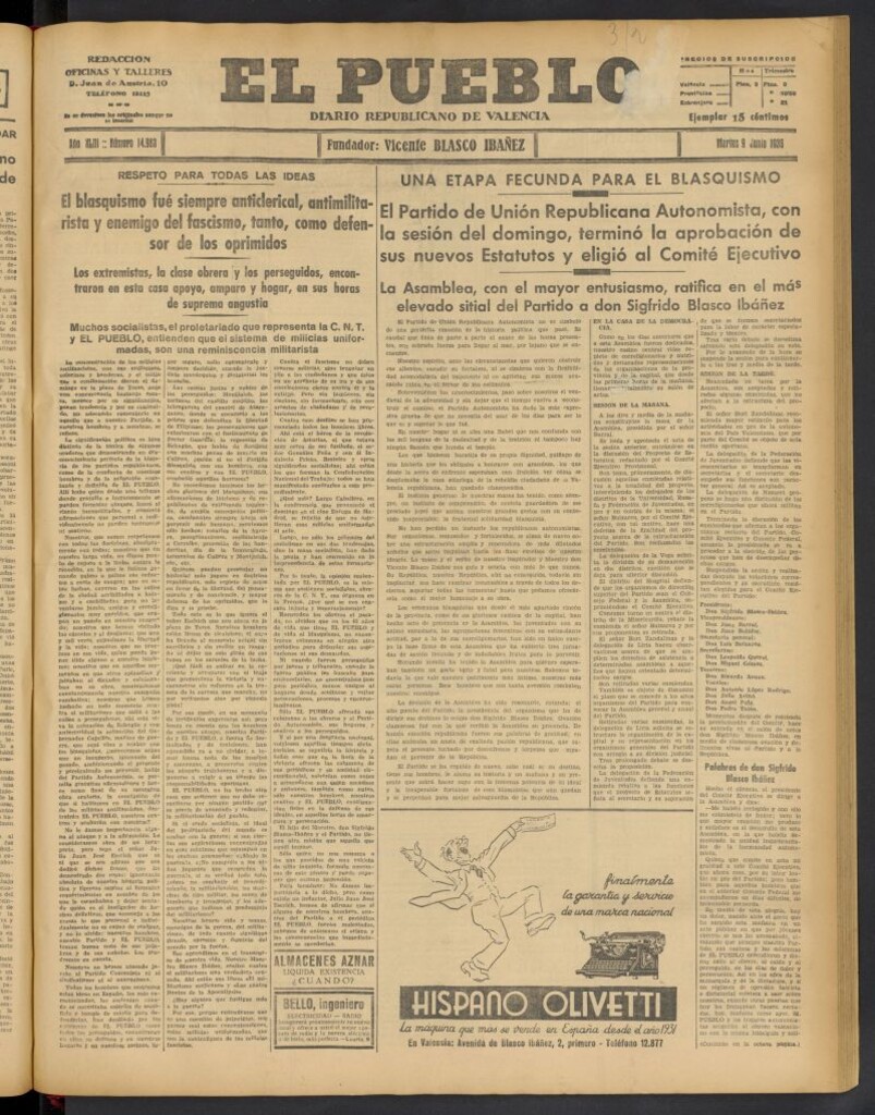 Miniatura de El Pueblo : Diario republicano de Valencia del 9 de junio de 1936, nº 14.983