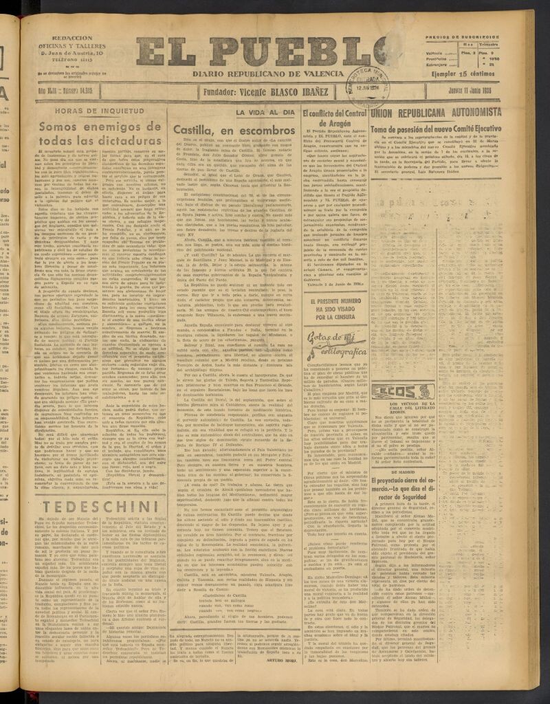 Miniatura de El Pueblo : Diario republicano de Valencia del 11 de junio de 1936, nº 14.985