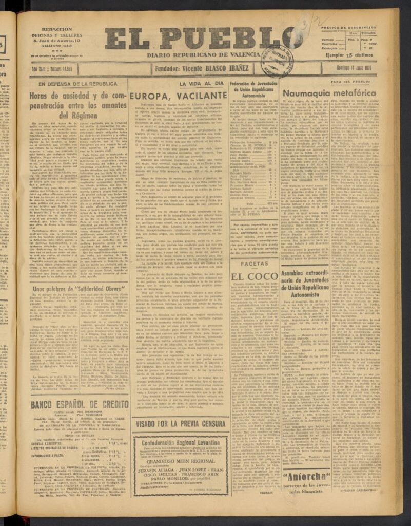 Miniatura de El Pueblo : Diario republicano de Valencia del 14 de junio de 1936, nº 14.988