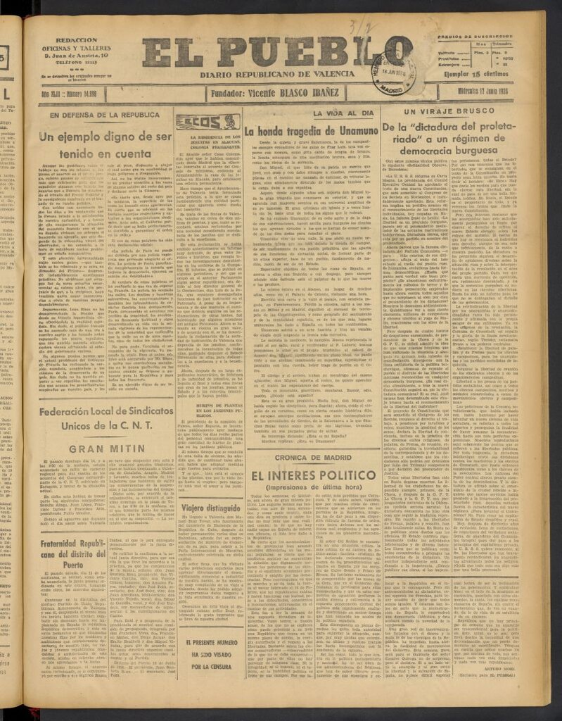 Miniatura de El Pueblo : Diario republicano de Valencia del 17 de junio de 1936, nº 14.990