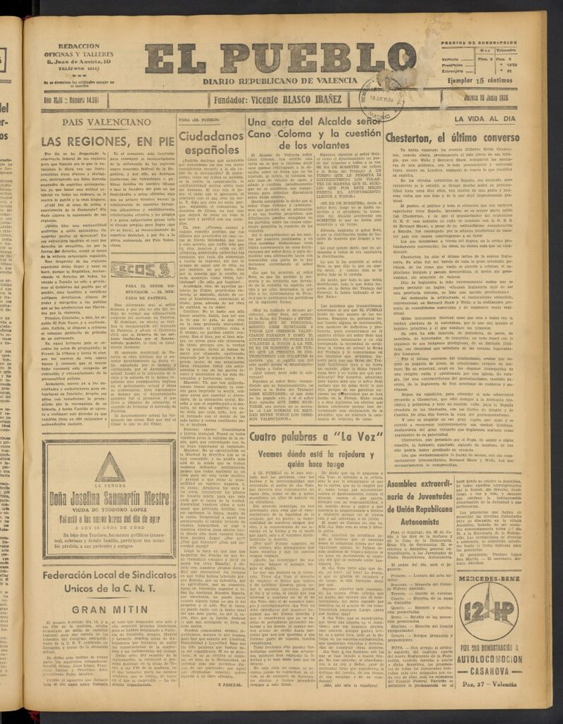Miniatura de El Pueblo : Diario republicano de Valencia del 18 de junio de 1936, nº 14.991