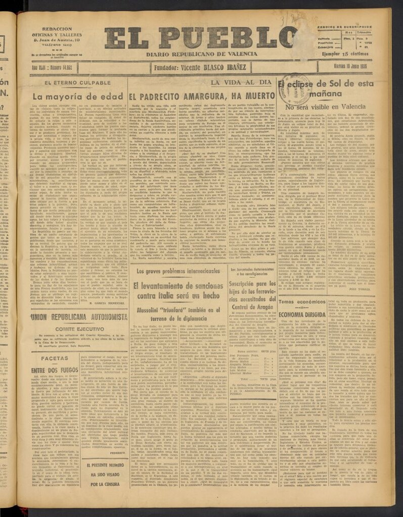 Miniatura de El Pueblo : Diario republicano de Valencia del 19 de junio de 1936, nº 14.992