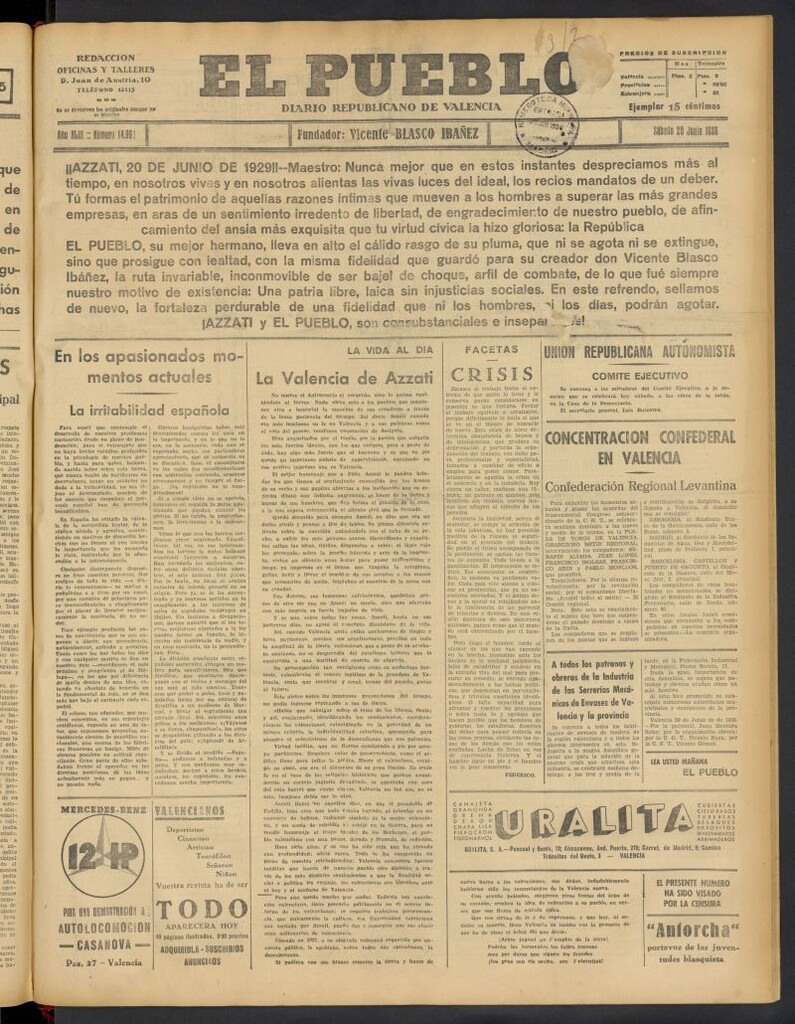 Miniatura de El Pueblo : Diario republicano de Valencia del 20 de junio de 1936, nº 14.993