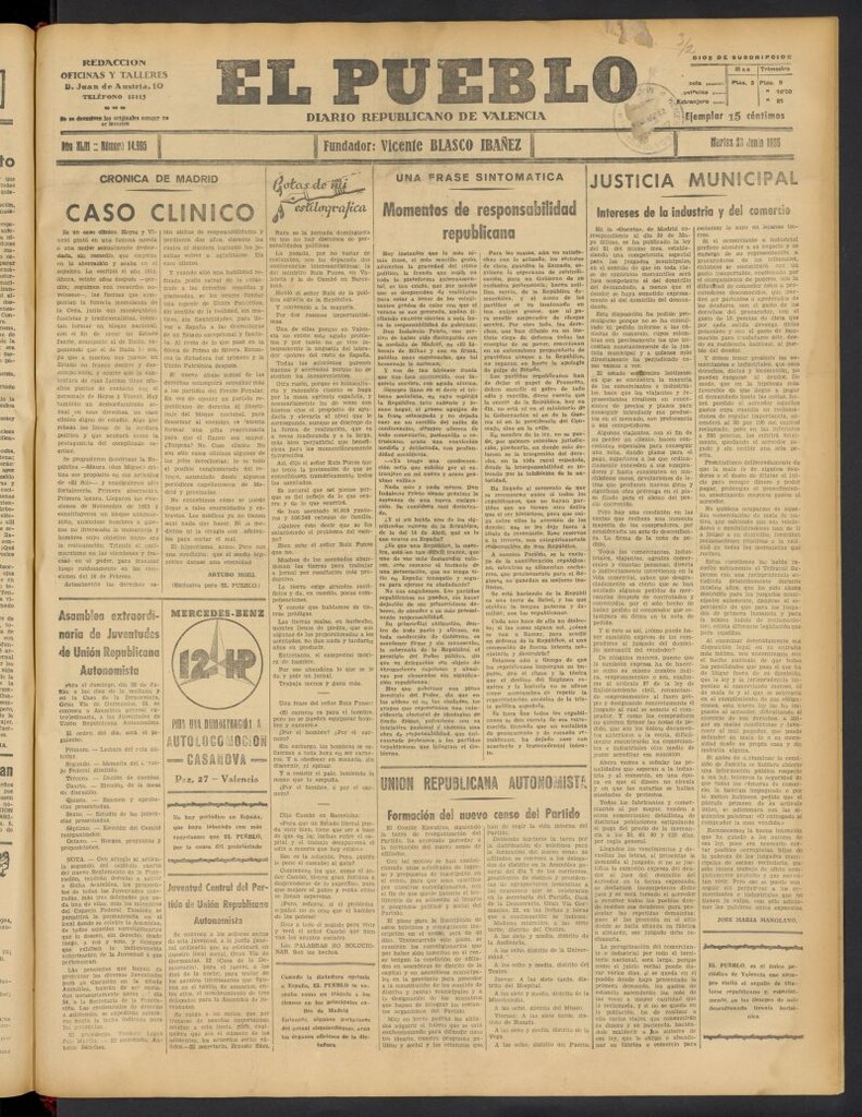 Miniatura de El Pueblo : Diario republicano de Valencia del 23 de junio de 1936, nº 14.995