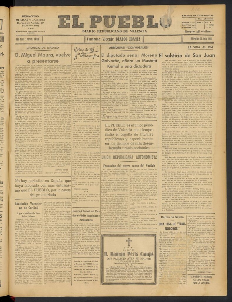 Miniatura de El Pueblo : Diario republicano de Valencia del 24 de junio de 1936, nº 14.966