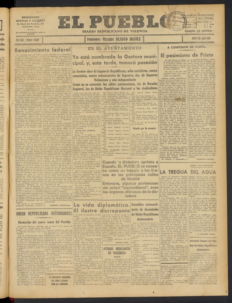 Miniatura de El Pueblo : Diario republicano de Valencia del 25 de junio de 1936, nº 14.997