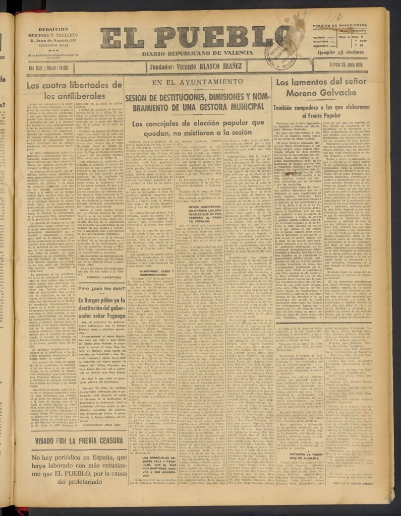 Miniatura de El Pueblo : Diario republicano de Valencia del 26 de junio de 1936, nº 14.998