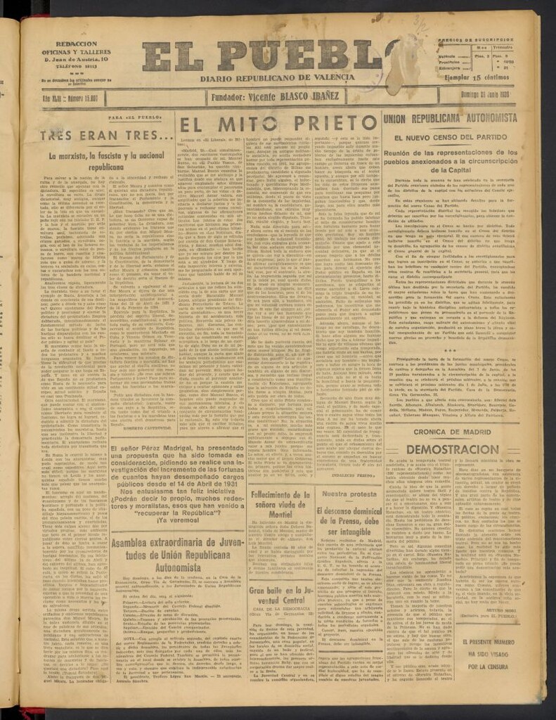 Miniatura de El Pueblo : Diario republicano de Valencia del 28 de junio de 1936, nº 15.000
