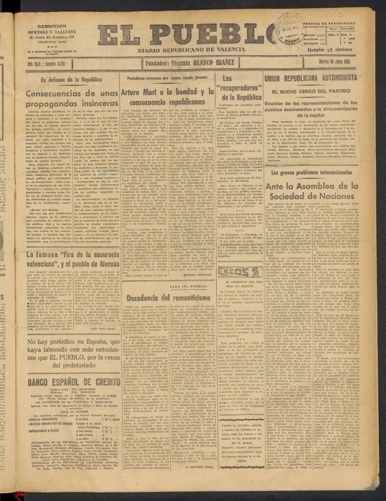 Miniatura de El Pueblo : Diario republicano de Valencia del 30 de junio de 1936, nº 15.001