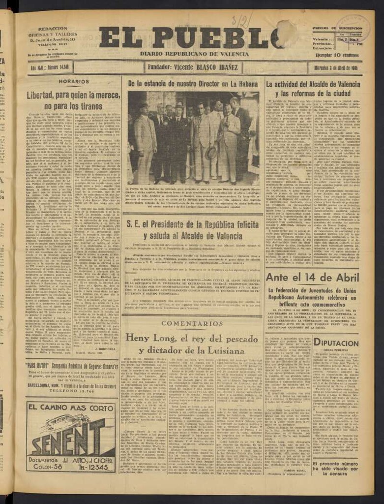 Miniatura de El Pueblo : Diario republicano de Valencia del 3 de abril de 1935, nº 14.646