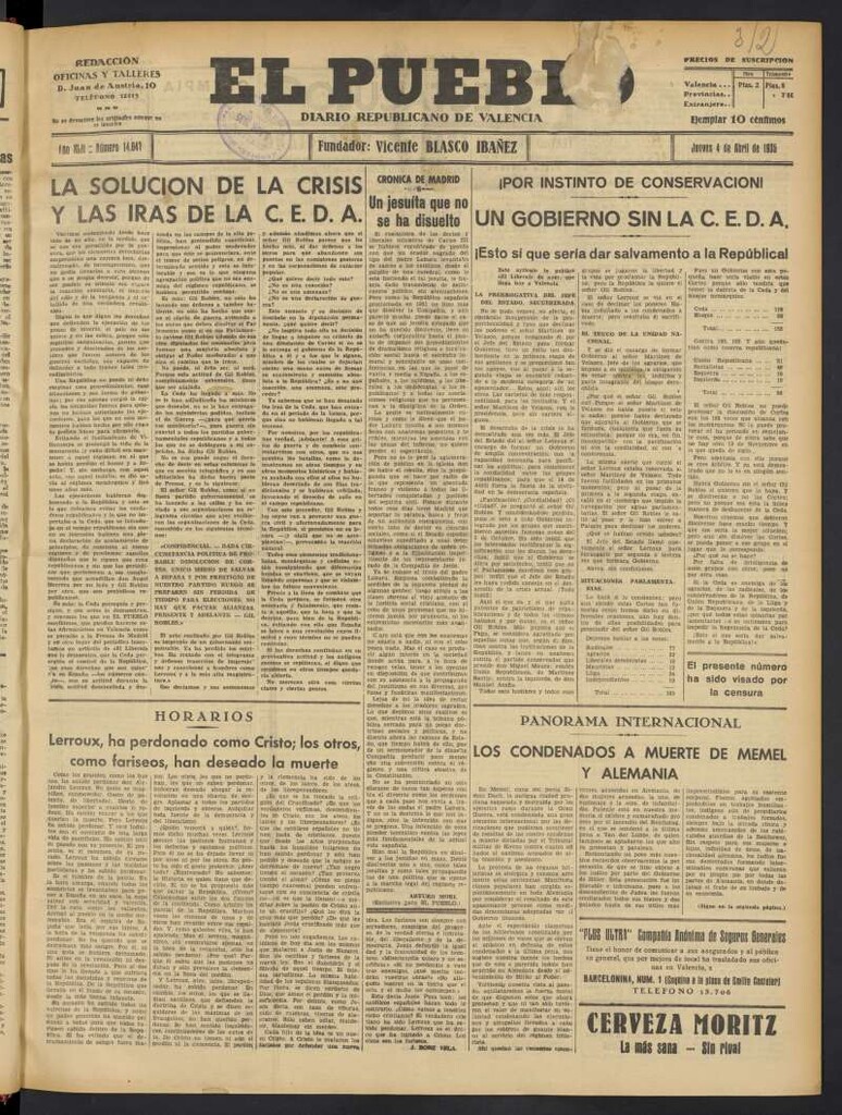 Miniatura de El Pueblo : Diario republicano de Valencia del 4 de abril de 1935, nº 14.647