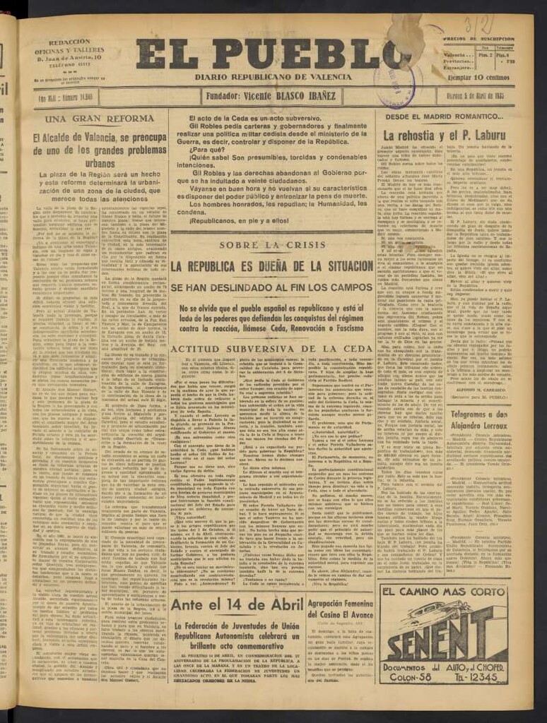 Miniatura de El Pueblo : Diario republicano de Valencia del 5 de abril de 1935, nº 14.648
